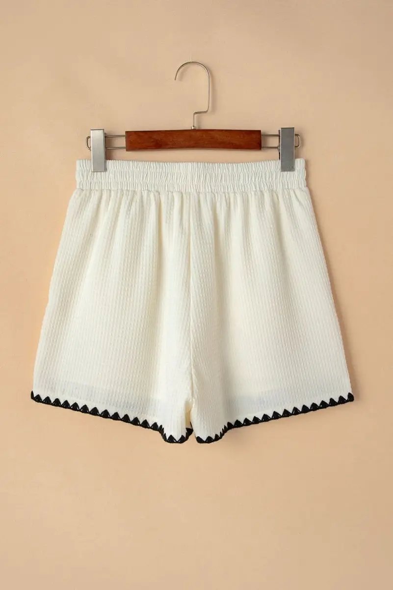 Textured White Casual Shorts with Contrasting Ricrac Hemline - Love Salve
